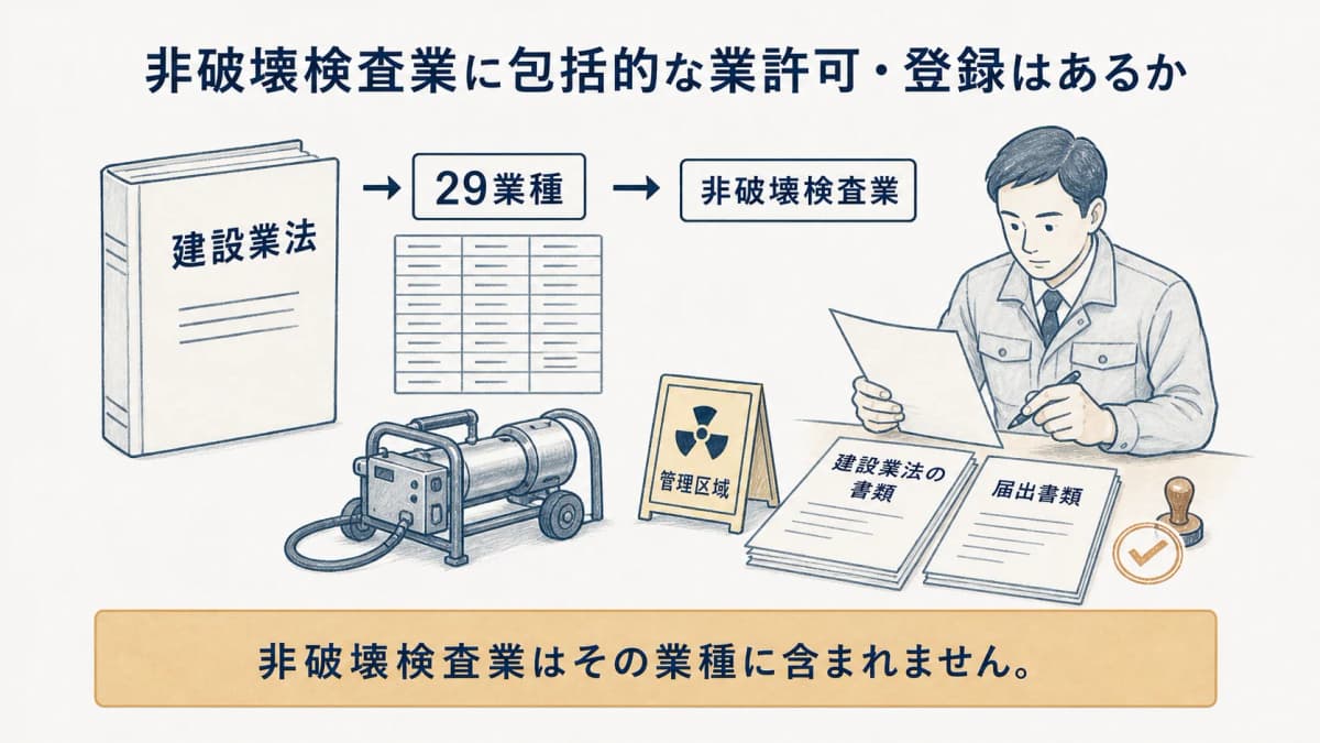 建設業法の29業種と非破壊検査業の位置づけを示す図