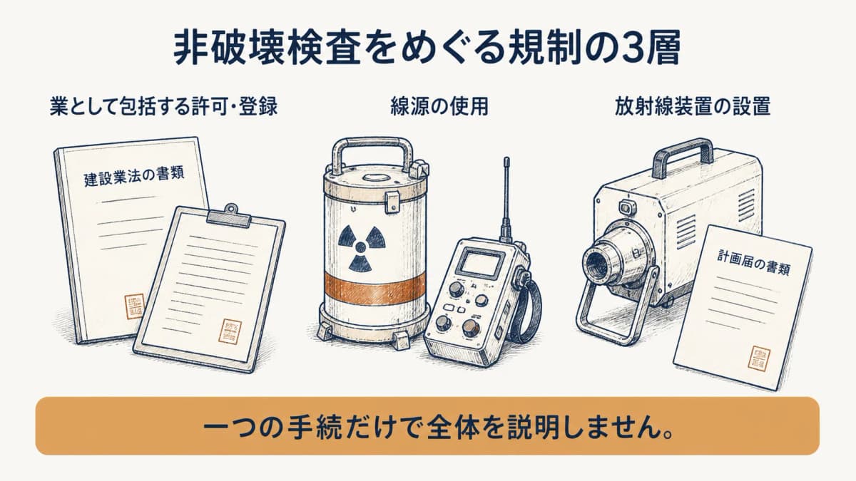 業許可・線源使用・放射線装置の計画届を3層で示す図