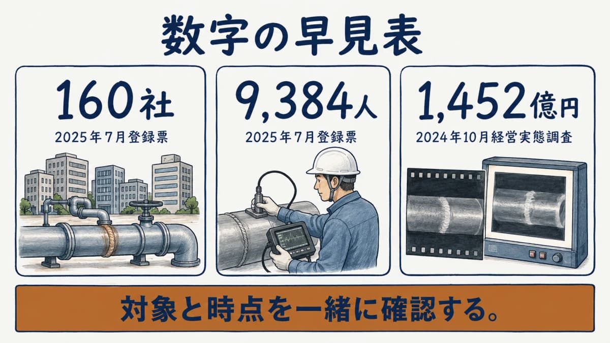 非破壊検査業の会員数と従業員数と売上高を分けて示す図