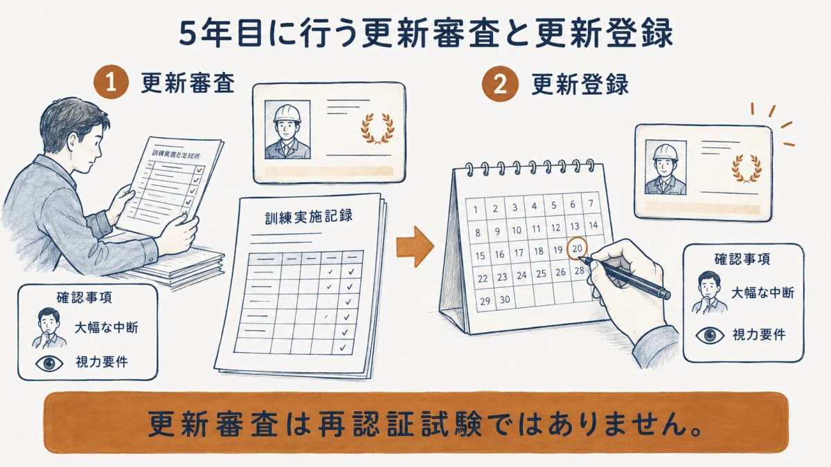 5年目の更新審査で確認する書類と有効期限を示す図
