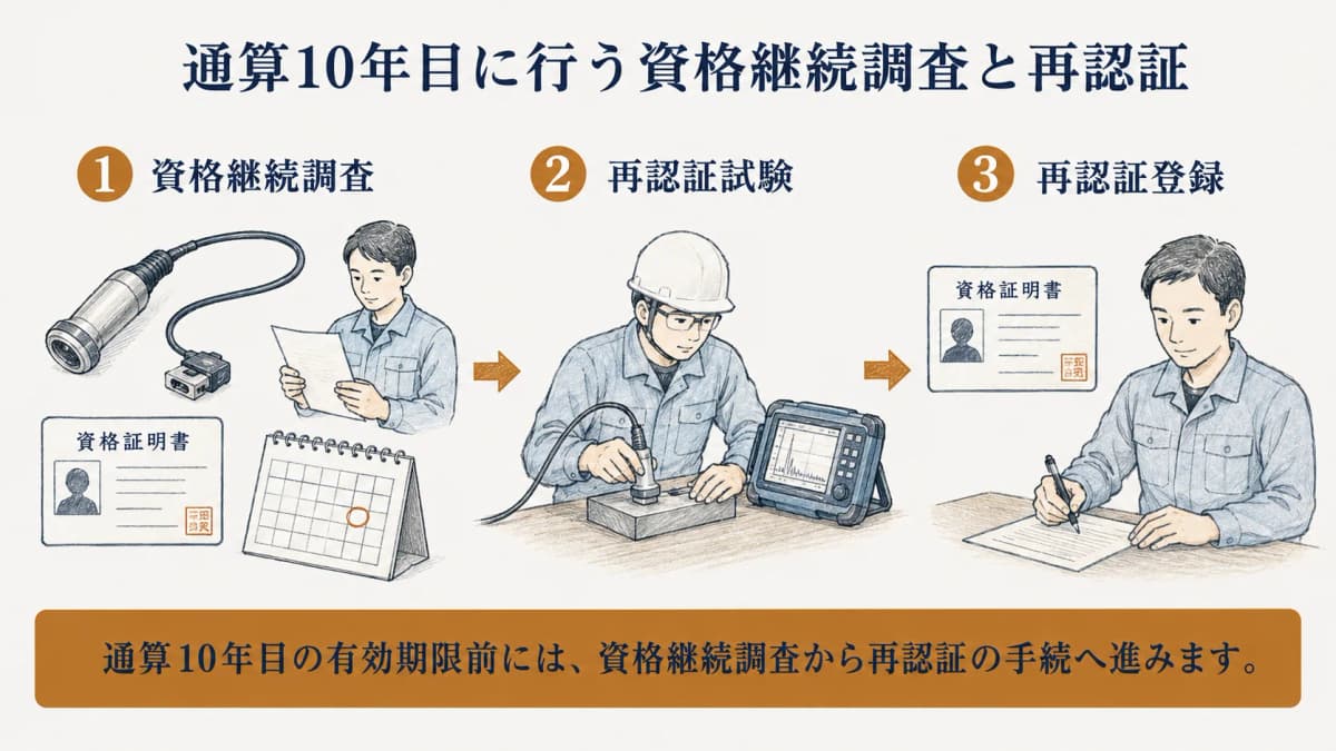 通算10年目の資格継続調査と再認証試験の順序を示す図