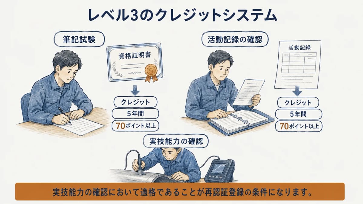 レベル3の筆記試験とクレジットによる書類審査を比較する図