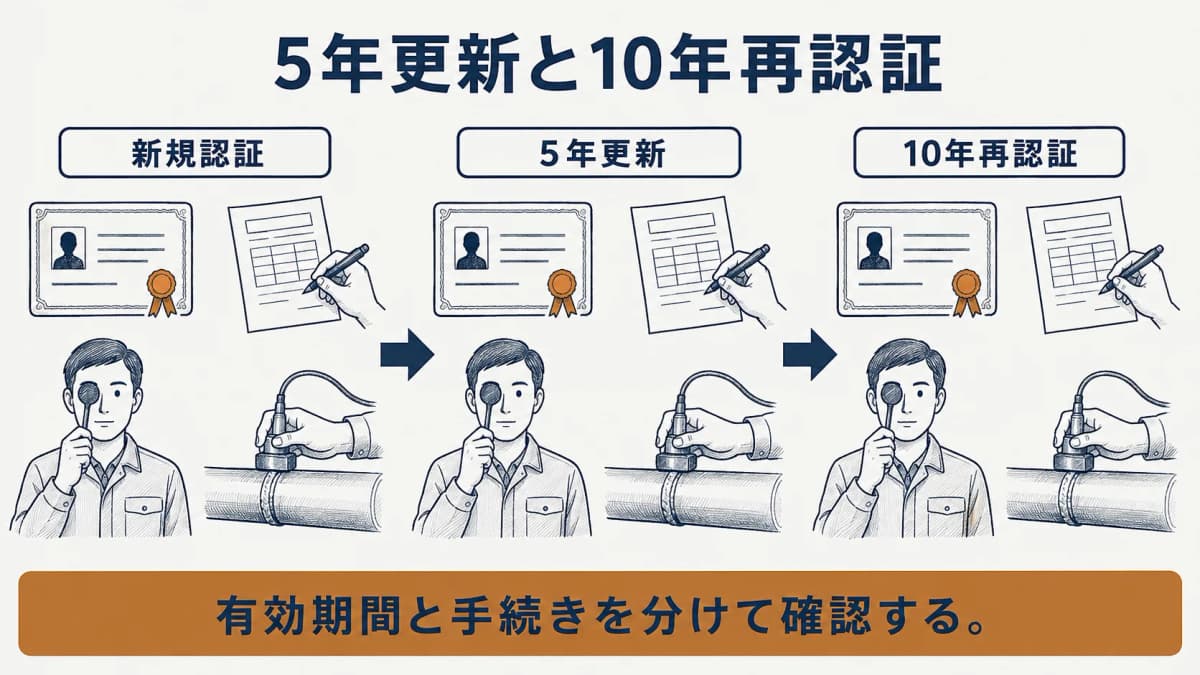 5年更新と10年再認証の流れ