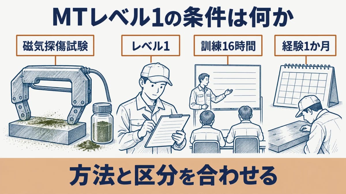 磁気探傷試験(MT)レベル1の訓練時間と経験月数の早見表