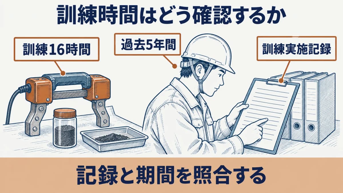 磁気探傷試験(MT)レベル1の訓練実施記録を確認する場面