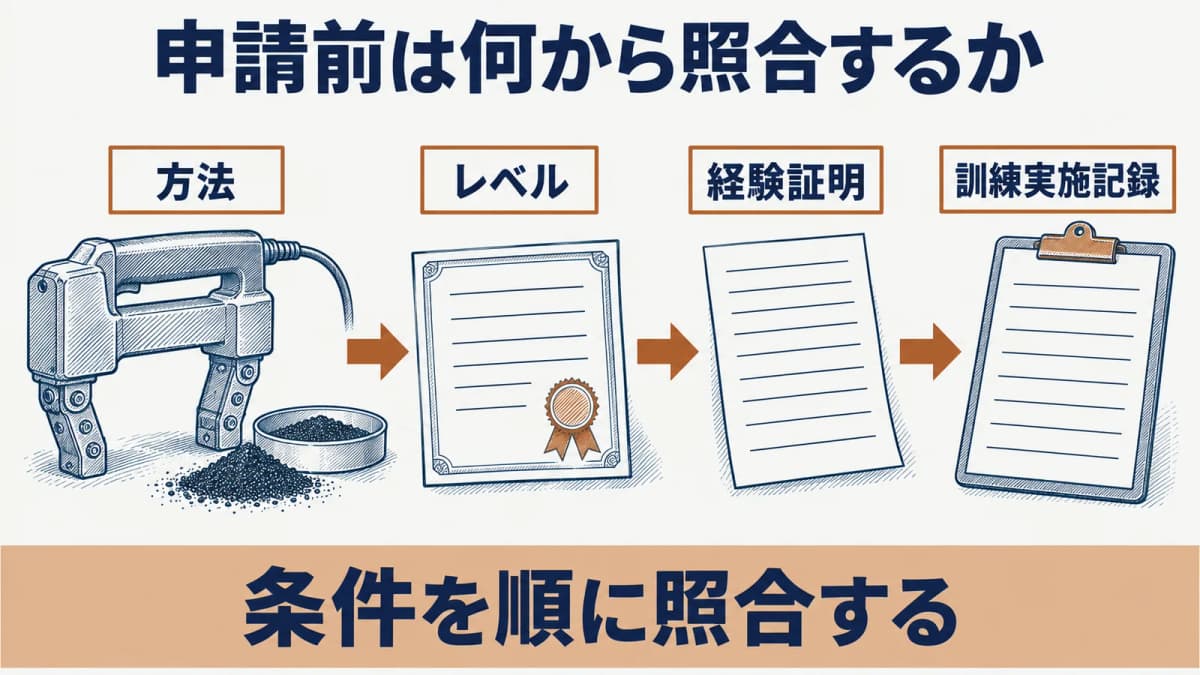 磁気探傷試験(MT)レベル1の方法と条件を照合する順番