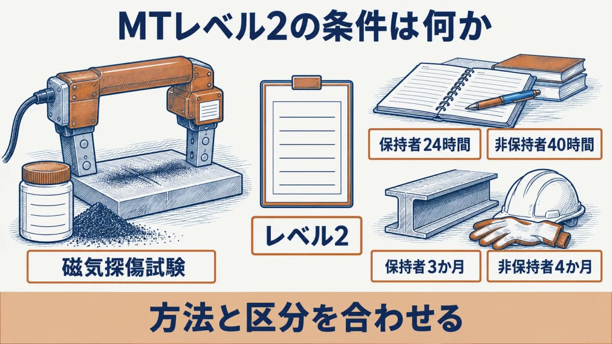 磁気探傷試験(MT)レベル2の訓練時間と経験月数の早見表