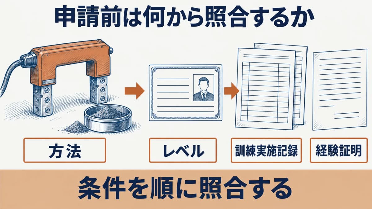 磁気探傷試験(MT)レベル2の方法と条件を照合する順番