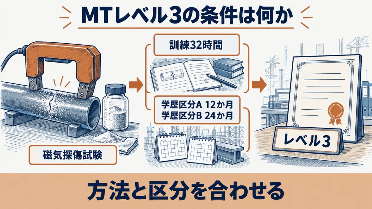磁気探傷試験(MT)レベル3の訓練時間と経験月数の早見表