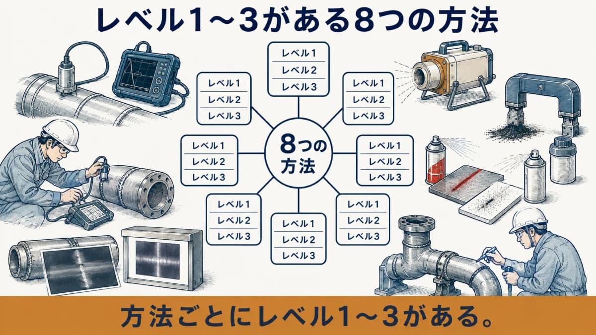 レベル1から3がある8つのNDT方法
