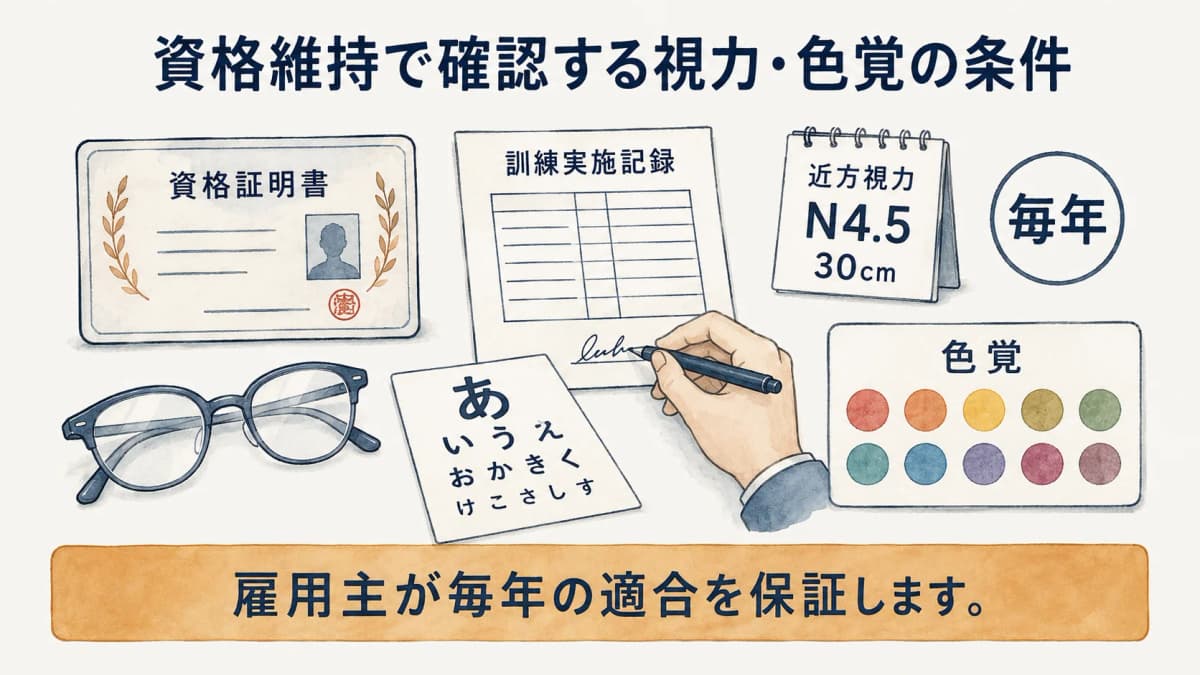 資格維持で確認する近方視力と色覚の条件を示す図