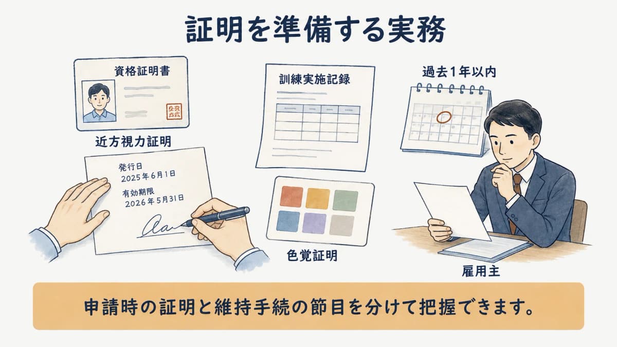 視力と色覚の証明を申請前に準備する流れを示す図