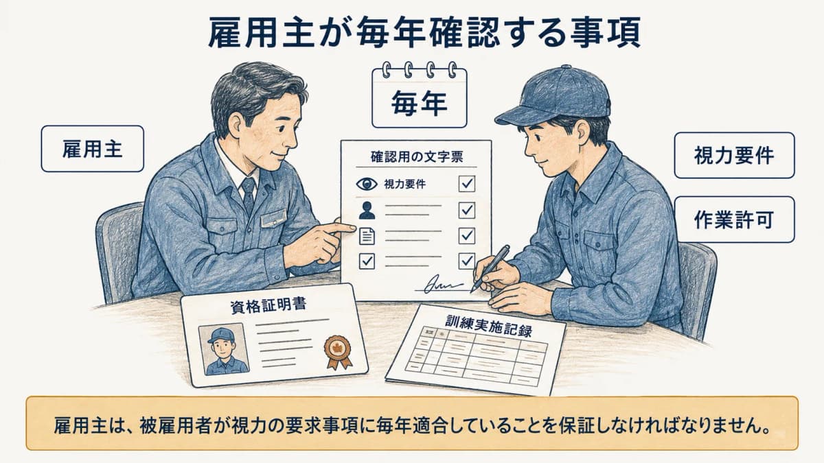 雇用主による毎年の視力要件適合保証と作業許可の責任を示す図