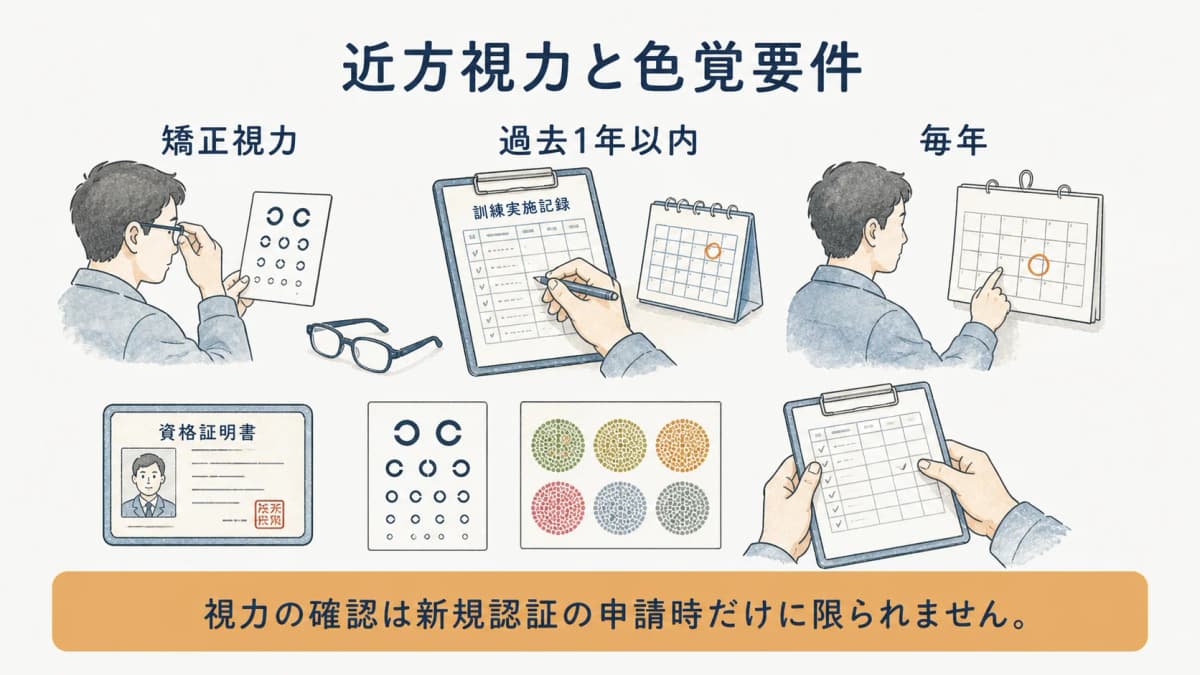 近方視力と色覚要件に関する質問を整理する図
