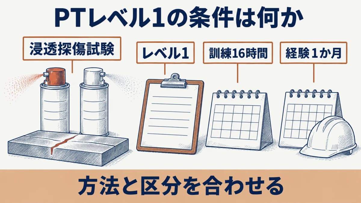 浸透探傷試験(PT)レベル1の訓練時間と経験月数の早見表