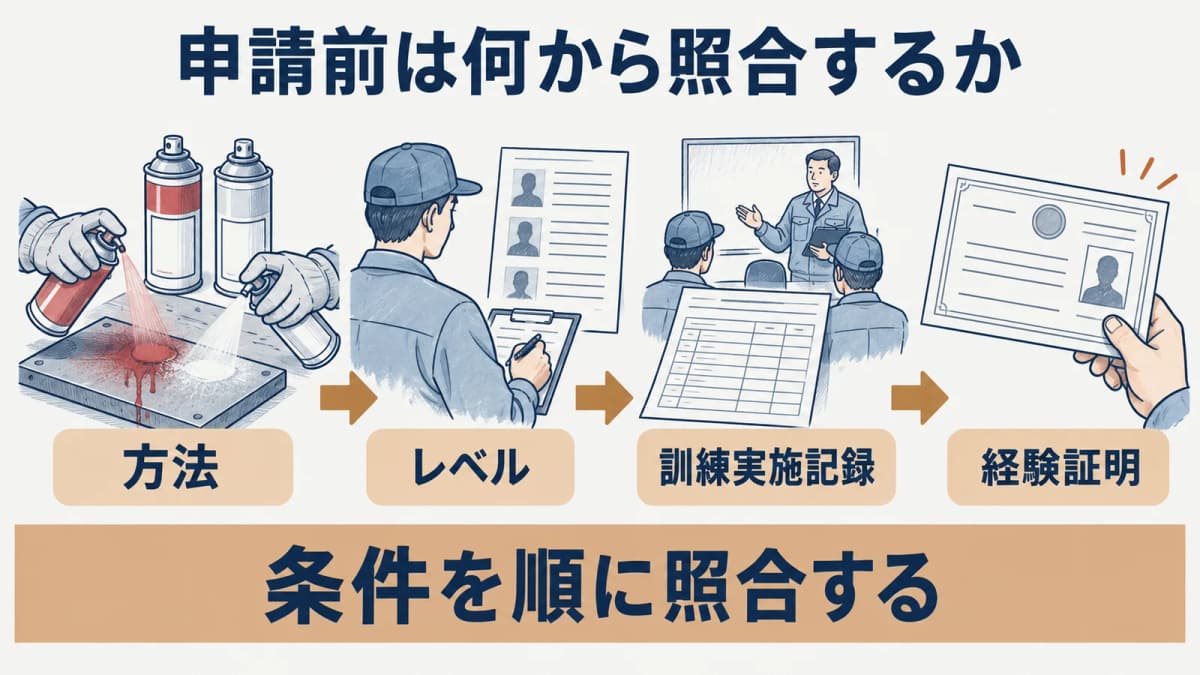 浸透探傷試験(PT)レベル1の方法と条件を照合する順番