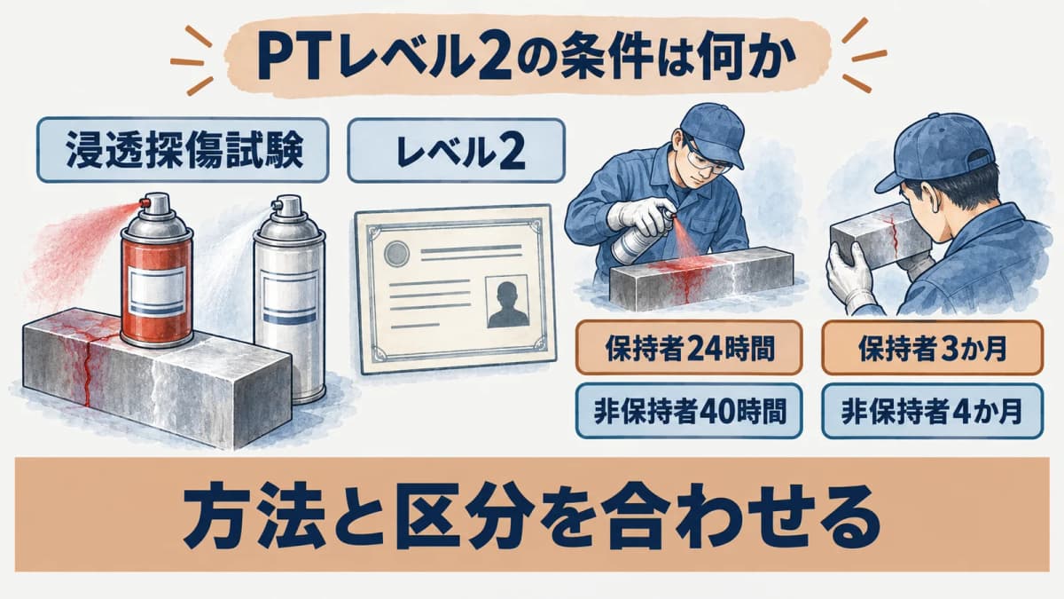 浸透探傷試験(PT)レベル2の訓練時間と経験月数の早見表