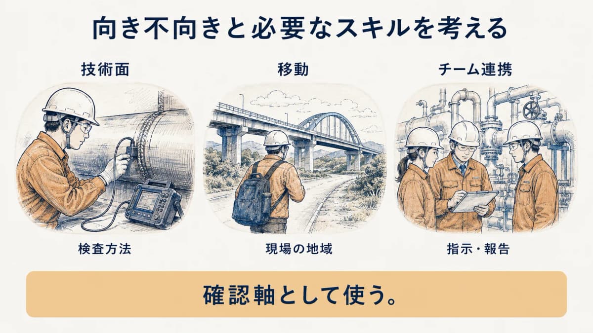 技術面と移動とチーム連携を確認軸として示す図